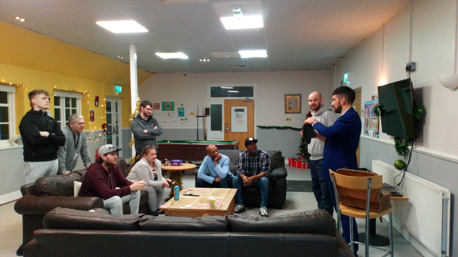 a group of people talking